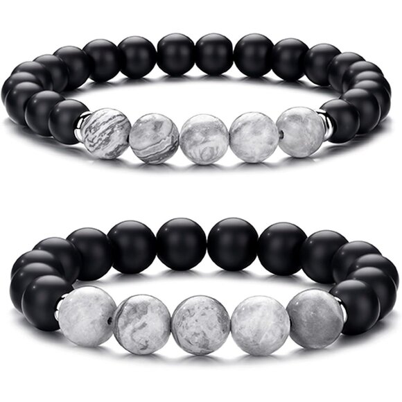 ⚡Rankeef Men 2 Gray Black Tiger Eye 8MM Natural Stone Crystal Beaded Bracelet - Picture 1 of 7